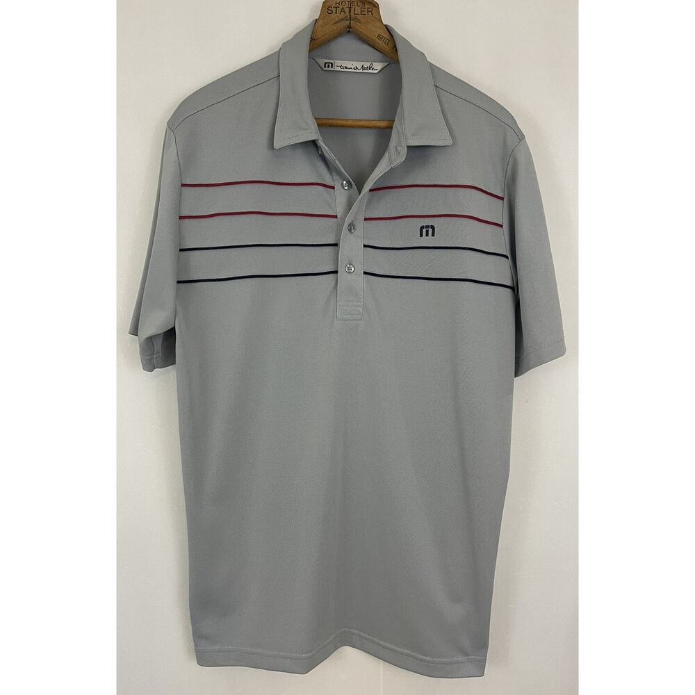 TRAVIS MATHEW Mens Polo Shirt Size‎ M Golf Pique Gray Striped Preppy